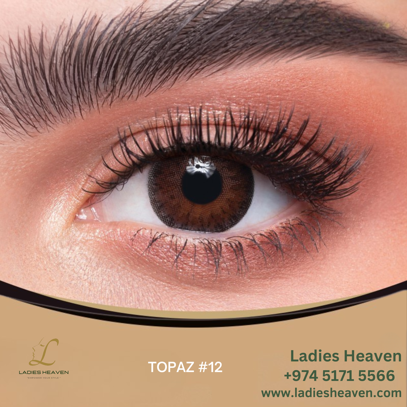 Topaz eye lens Qatar Golden brown contact lens Doha Gemstone-inspired lens for Arab women Bridal contact lens for brown skin Honey-toned lens for daily glam Qatar Monthly cosmetic lenses with UV protection Eye lens for warm undertone makeup Qatar