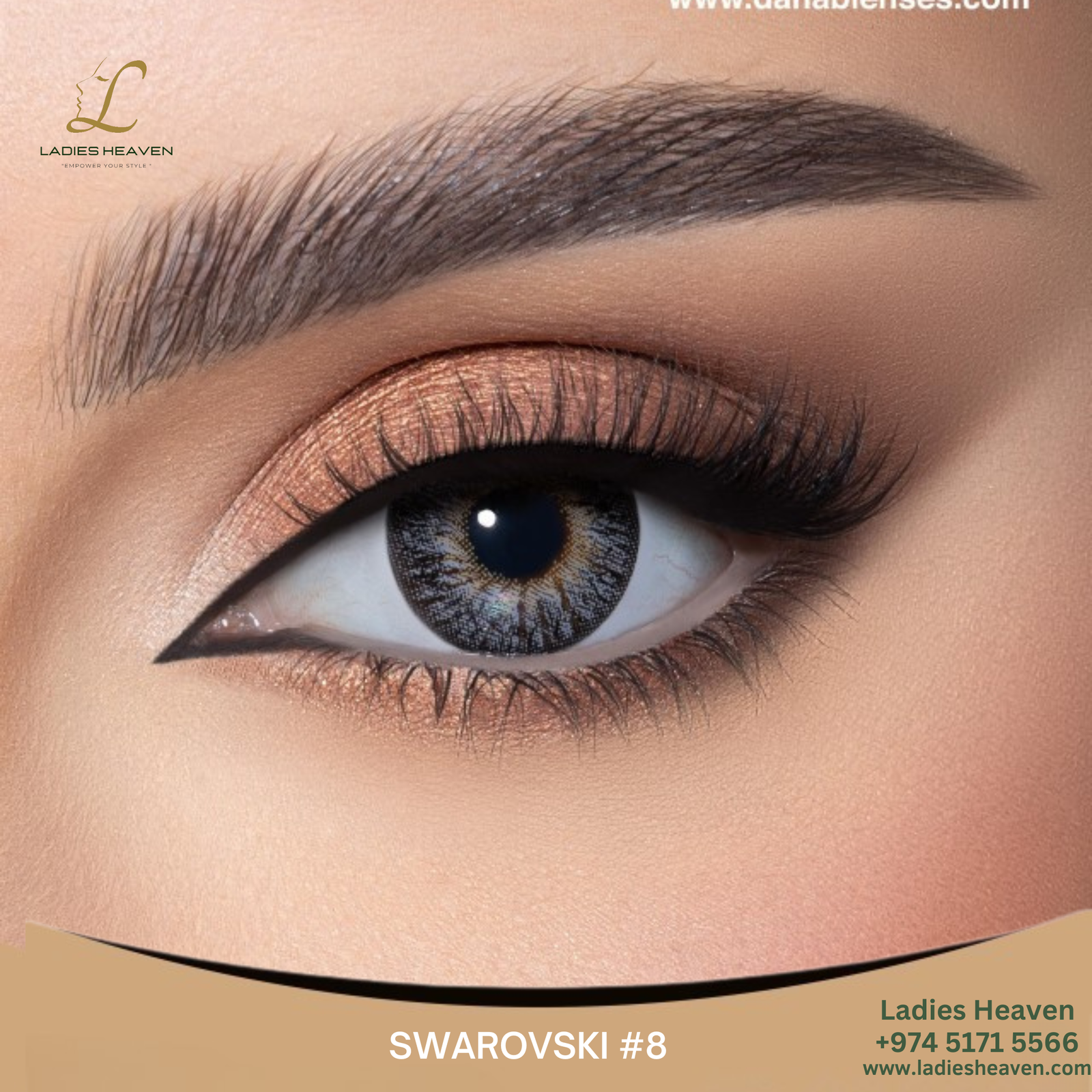 Swarovski lens Qatar Sparkle contact lens Doha Crystal effect eye lens for Arab women Glamorous lens for Indian/Bangladeshi skin Luxury colored lenses Qatar Monthly event lenses with UV protection Blue gray cosmetic lens for parties