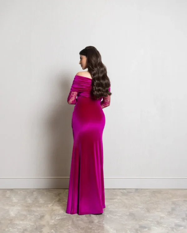 Velvet Feather Mermaid Prom Dress with Long Sleeves - Image 4