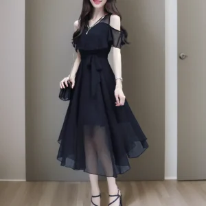Black Off-Shoulder V-Neck Chiffon A-Line Dress