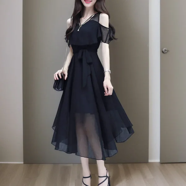 Black Off-Shoulder V-Neck Chiffon A-Line Dress