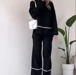 Casual Black Two-Piece Long Sleeve Outfit for Women
