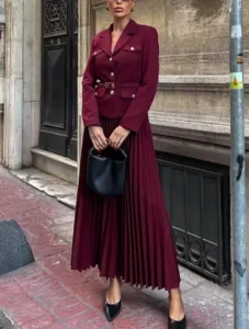 Solid Color Long Sleeve Maxi Skirt Suit for Women