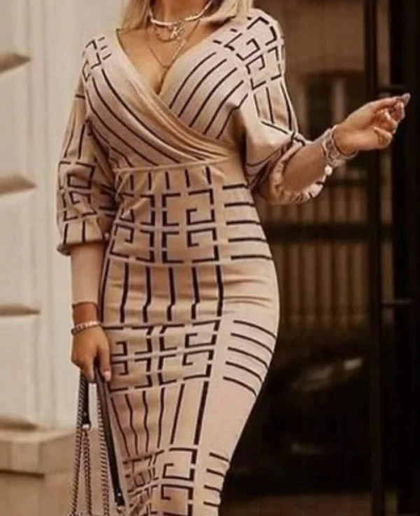 Women's Striped V-Neck Short Dress with Long Sleeves - Image 2