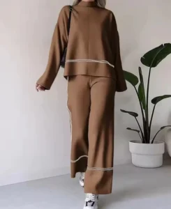 Casual Brown Two-Piece Long Sleeve Outfit for Women