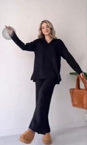 Wide Leg Pajama Set – V-Neck Long Sleeve