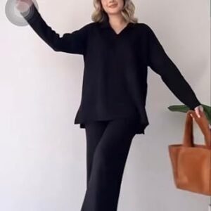 Wide Leg Pajama Set – V-Neck Long Sleeve