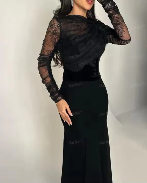 Black Lace Mermaid Evening Dress with Long Sleeves - Image 3