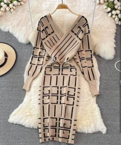 Women's Striped V-Neck Short Dress with Long Sleeves