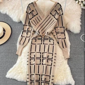 Women's Striped V-Neck Short Dress with Long Sleeves
