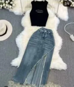 Women’s Top & Designer Denim Skirt Set