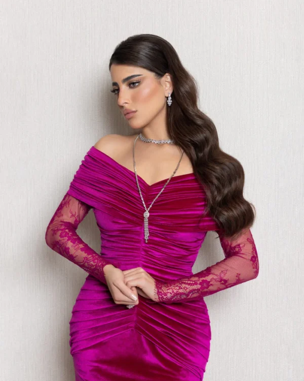 Velvet Feather Mermaid Prom Dress with Long Sleeves - Image 3