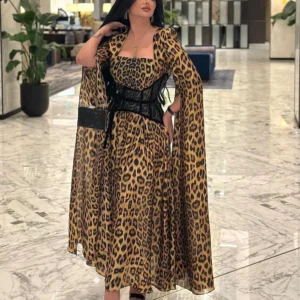 Leopard Print Long Sleeve Prom Dress