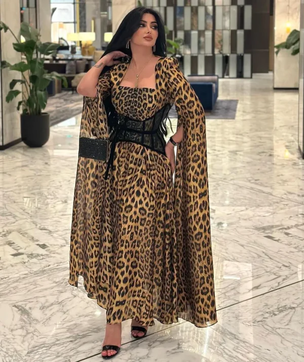 Leopard Print Long Sleeve Prom Dress