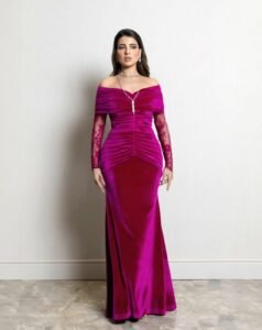 Velvet Feather Mermaid Prom Dress with Long Sleeves