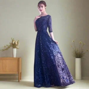 Navy Blue O-Neck Evening Party Dress for Women