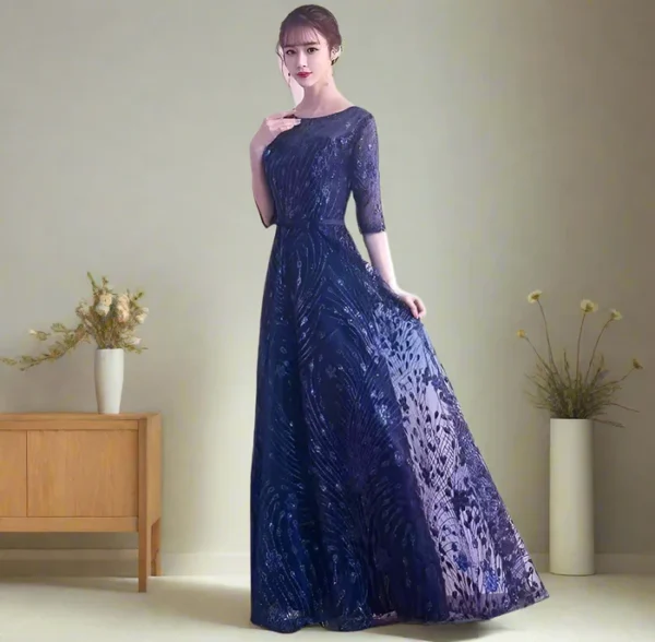 Navy Blue O-Neck Evening Party Dress for Women