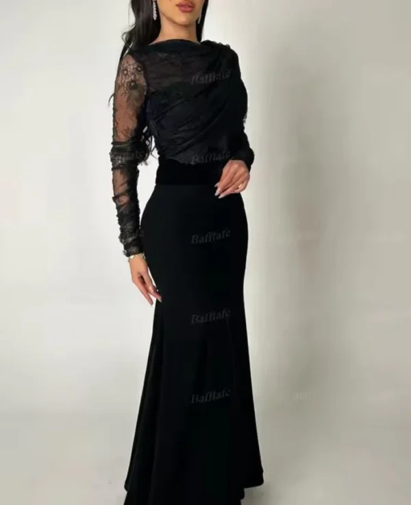 Black Lace Mermaid Evening Dress with Long Sleeves - Image 2