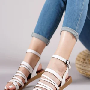 White Leather Strappy Sandals for Women